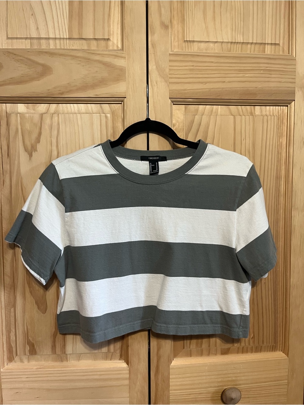 Forever 21 Green/Gray and White Striped Crop Tee